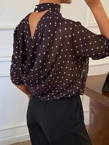 Livesso White With Black Polka Dots Loose Flowy Top For Women Office Autumn Elegant - Coffee Brown - View 4