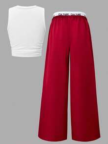 SHEIN ChillGRL 2 peças Conjunto Casual de Rua para Meninas Pré-Adolescentes, Top com Cordão e Estampa de Estrela Combinada com Calça Cargo com Bolsos e Costura Contrastante na Cintura, Primavera/Verão, Férias de Verão - Vermelho - Visão 2
