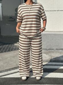Muchica 2pcs/Set Striped T-Shirt And Pants Casual Plus Size Outfit - White - View 6