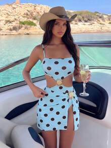 Swim Oasis Women's 2 Pieces Swimsuit Set With Polka Dot Print, Cutout Sunflower Skirt, Summer Holiday Beach Outfit - Multicolor - View 9