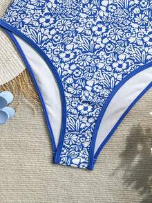 Swim Mod Women's One-Piece Floral Print Cut-Out Ring Detail Swimsuit, Summer Holiday Beach Vacation Outfit White And Blue Floral Tropical - Blue and White - View 4
