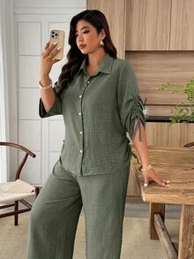 Weeklong Camisa minimalista de talla grande para mujer con manga de cordón y lazo para primavera/verano, estilo commuter - Verde militar - Ver 3