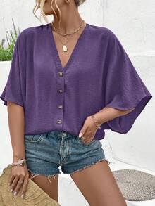 Ceyna Women's Plus Size Elegant Solid Color Textured Jacquard Fabric V-Neck Cap Sleeve Button Decor Beach Vacation Shirt 2025 Spring/Summer New Versatile - Purple - View 3
