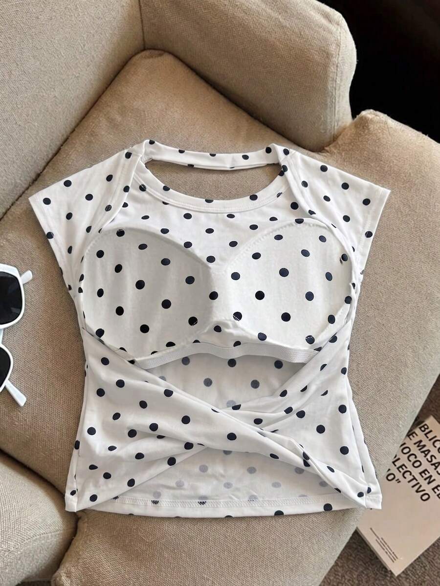 Franclia 女款圓點印花休閒百搭內建胸墊背心上衣 - 白色 - 查看 1