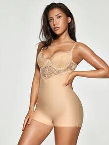 SHAPORA Bộ đồ liền thân dành cho nữ Lộ Lưng Tương phản ren màu trơn - Lạc đà - Xem 2