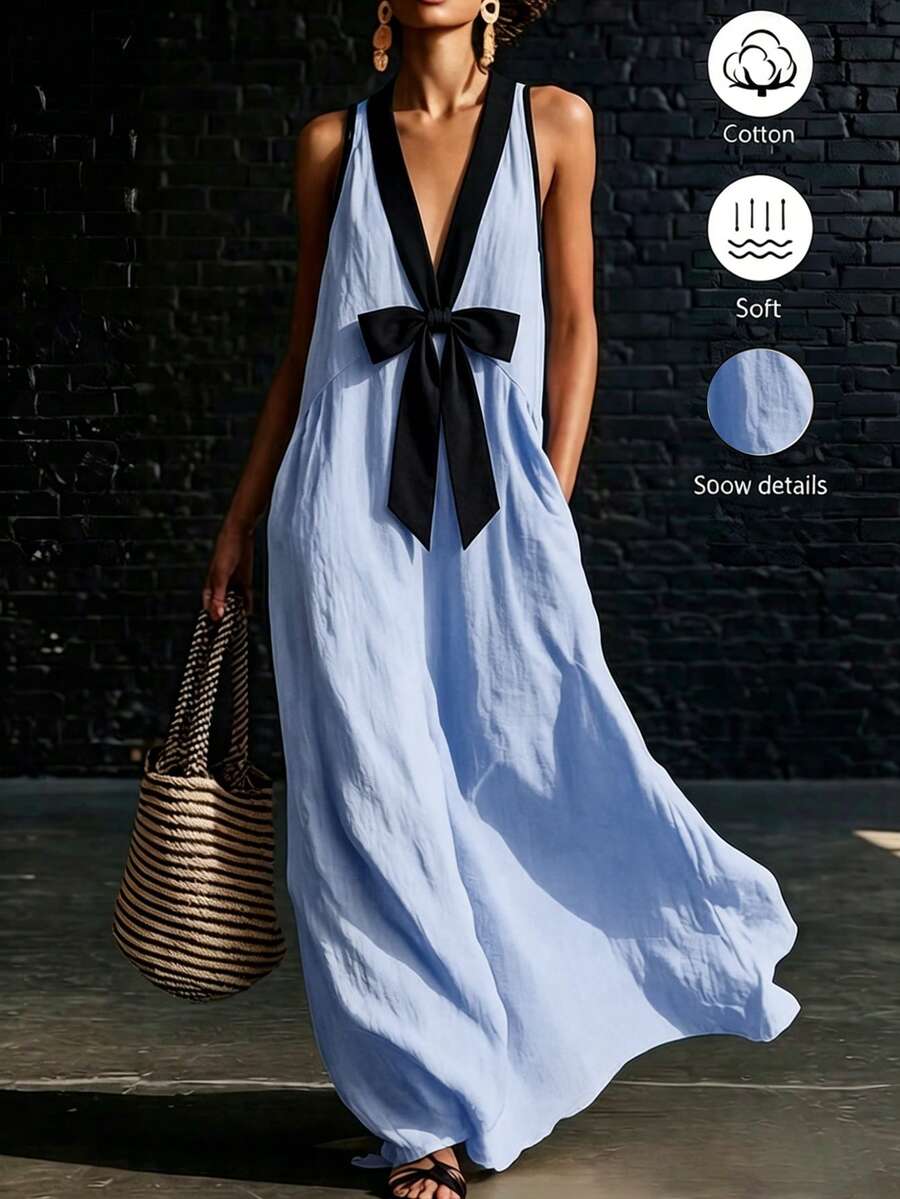 SHEIN Holidaya 女款春夏新款白黑配色 100%純棉面料 寬鬆V領 度假節日休閒通勤日常優雅派對居家長版無袖洋裝 - 淺藍色 - 查看 1