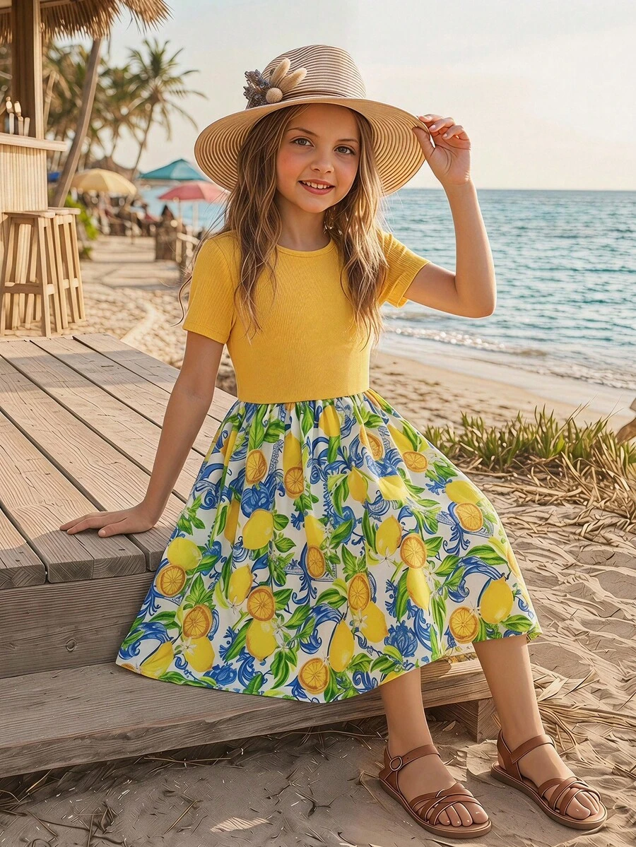 Emery Rose Kids Emery Rose Kids 女童撞色柠檬印花短袖连衣裙,夏季 - 黃色 - 查看 1
