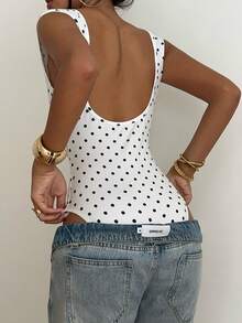 Aloruh Women's Elegant Off-Shoulder Backless Fitted Polka Dot Short Sleeve Bodysuit - Multicolor - View 1