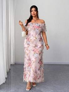 Elenzga Plus Size Spring/Autumn Off Shoulder Ruffle Waist-Cinched Bodycon Mesh 3D Floral Fabric Elegant Romantic Exquisite Women's Dress Fall - Multicolor - View 3