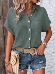 EMERY ROSE Camisa casual de manga corta con bolsillo y botones al frente, verano - Verde Oscuro - Ver 6