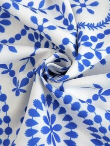 Florisole Women's Elegant Vacation Bohemian Blue Floral Print Wavy Ruffle Trim White Shirt - Multicolor - View 6