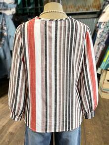 Linhara Plus Size Vacation Casual Colorblock Striped Lantern Sleeve Shirt - Multicolor - View 2