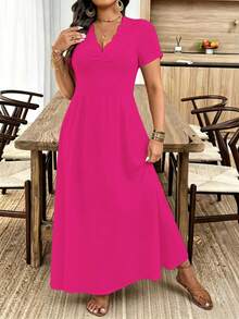 Breezaya Vestido largo de moda para ir al trabajo con cuello ondulado para mujer de talla grande - Rosa Fucsia - Ver 6