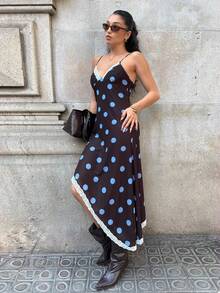 Siren Gaze 奢華優雅波點蕾絲飾邊棕藍配色不對稱細肩帶中長洋裝，夏季度假風 - 彩色 - 查看 6