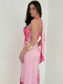 Aloruh Gaun Panjang Tanpa Lengan Satu Bahu Motif Bunga untuk Wanita, Cocok untuk Liburan - Baby Pink - View 2