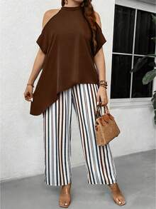Breezaya Plus Size Women's Solid Color Off-Shoulder Asymmetric Hem Blouse And Striped Pants Set - Coffee Brown - View 3