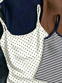 [Random 4 Vest, Send 1 Vest]Maillard Color Palette, Vintage Polka Dot Print Pattern, Tween Girl Casual Simple Spaghetti Strap Fitted Tank Top Summer - White - View 5