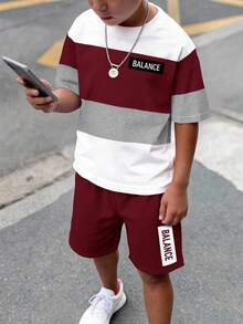 青少年男孩休閒極簡短袖圓領T恤與短褲套裝，適合夏季，經典酷感拼接圖案印花，精緻小Logo文字圖案印花 - 彩色 - 查看 2