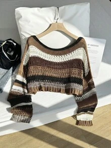 Comfortcana 大尺碼女款條紋拼接休閒百搭日常長袖毛衣 - 彩色 - 查看 5