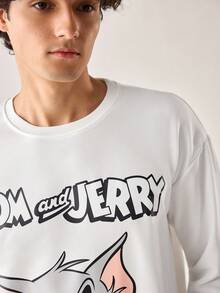 Strevion TOM & JERRY 男士休闲 Thinking Tom 字母印花圆领长袖卫衣，春秋季 - 白色 - 查看 7