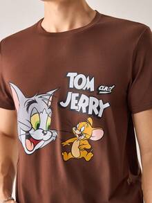Strevion TOM & JERRY 男士简约汤姆和杰瑞图案印花圆领短袖T恤，夏季款 - 咖啡棕 - 查看 6