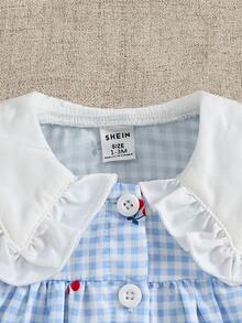 SHEIN Souflis 1件新生女嬰藍白格紋櫻桃水果印花可愛甜美清新休閒時尚韓系森女風大領口荷葉邊泡泡袖燈籠袖鈕扣短裙公主洋裝，適合夏季日常出遊、購物、公園野餐、遊樂園、旅遊度假、派對等多種場合 - 淺藍色 - 查看 8