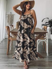 SHEIN VCAY Plus Size Women's Tropical Plant Print Cami Dress For Vacation And Beach - Black - View 3