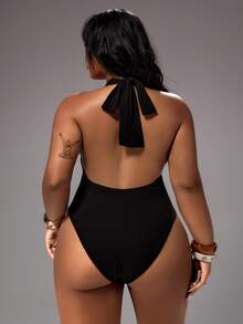 Rustia Black Knit High Elasticity Deep V Neck Halter Backless Fitted Bodysuit Women's Summer Minimalist Casual Versatile Date Night - Black - View 3