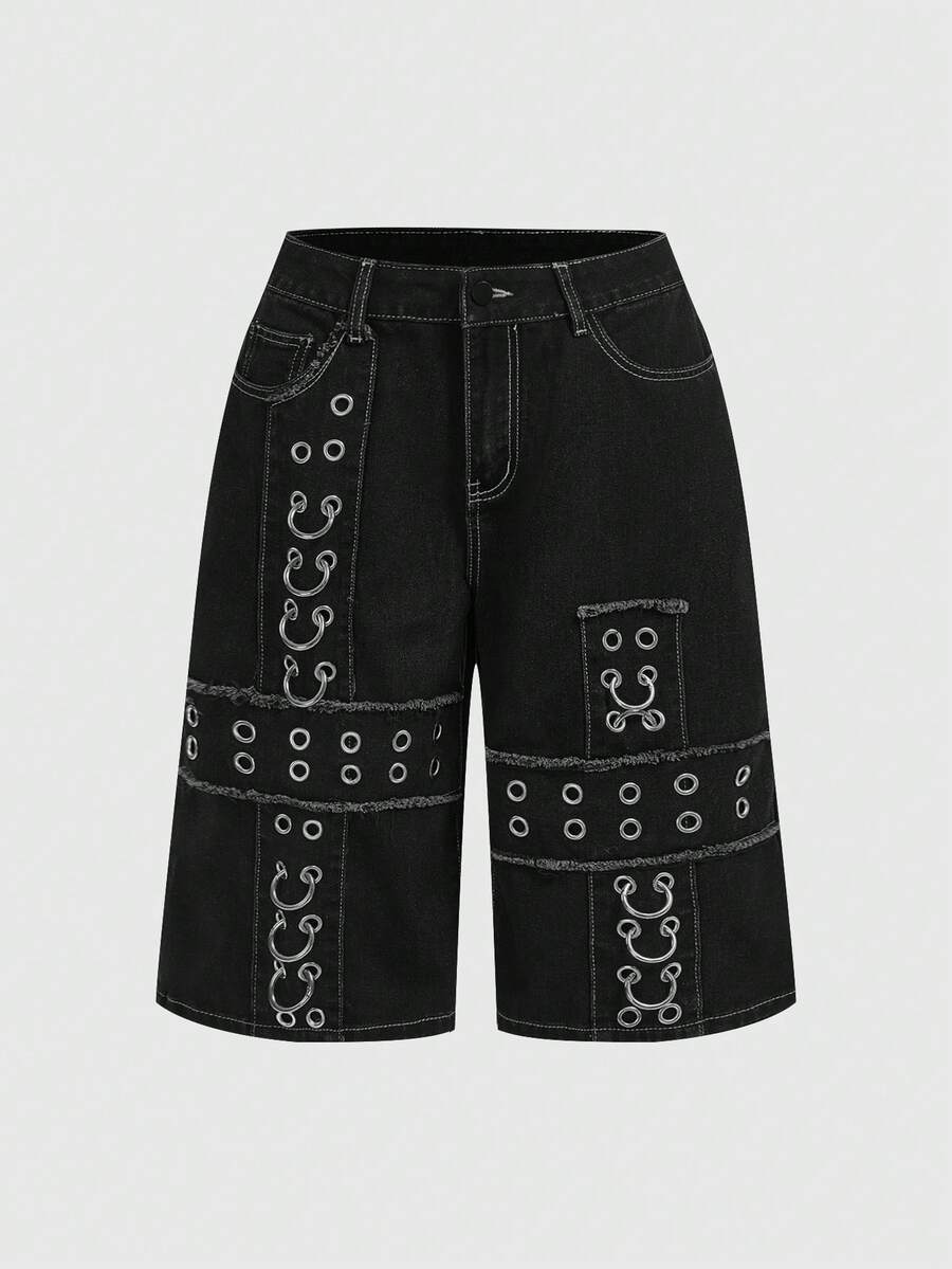 ROMWE Grunge Punk Quần short denim dáng rộng phong cách đường phố Y2K Punk với đinh tán kim loại và khoen cài, thêu hình chữ thập. - màu đen - Xem 1