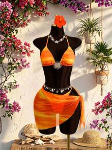 Vaytide Women's 3-Piece Swimwear Set: Yellow Halter Tie-Back Backless Mini Skirt, Suitable For Summer Vacation, Beach Tropical - Orange - View 2