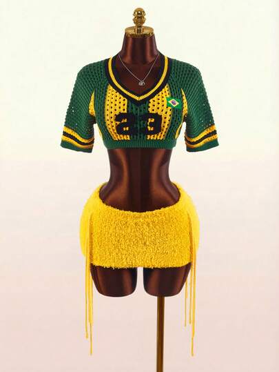 Amplova Women's Digital Jacquard Hollow Out Short Sleeve Cropped Knit Top And Knit Skirt Sexy 2-Piece Set Brazil Team Color