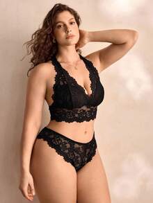 Charlaine Plus Size Women's Lace Underwear Set With Faux Pearl Decorations, Bra & Panty Set, Lingerie - Black - View 4