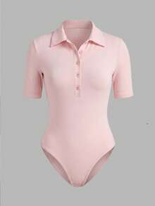 Franclia Women's Solid Color Button Half-Placket Short Sleeve Casual Bodysuit - Pink - View 6