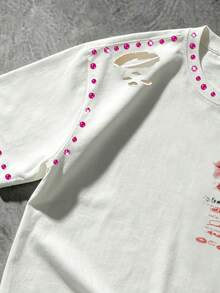 ROMWE MEN 2026 Summer New Casual Distressed Rhinestone Heavy Work T-Shirt Graphic Short Sleeve Couple Style Men Women Crew Neck Top - White - View 3