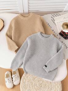 SHEIN 2pcs/Set Back To School Young Boys Brown Khaki Versatile Textured Loose Pullover Sweater, Suitable For Home, Layering, Outings And School - Multicolor - View 4