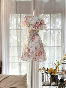 Celisse Semi-Transparent Ruffle Trim Collar Short Dress Digital Print - Multicolor - View 2