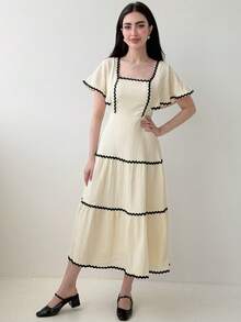 Yasmeen Edit Yasmeen Edit 女款方領泡泡袖紋理法式度假風荷葉邊喇叭裙，奶油黃，優雅夏季 - 杏色 - 查看 5