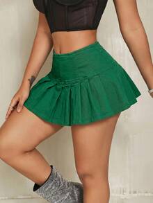 SHEIN SXY 女款素色牛仔迷你裙 - 綠色 - 查看 2