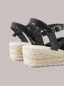 Styleloop 女款麻繩草編粗跟黑色編織腳踝綁帶露跟楔形跟鞋涼鞋 Pomessian 風格 - 黑色 - 查看 5