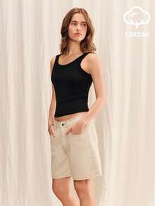 lacRébo High Waisted Denim Shorts With Wide Leg French Chic Spring Summer Style Cotton Daily Casual Going Out Holiday Beige - Khaki - View 4