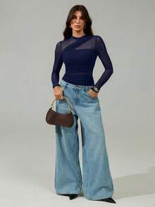 SHEIN Tall Bodysuit màu nâu cho nữ, áo lưới xuyên thấu tay dài nhún cổ giả, phù hợp cho tiệc cocktail, hẹn hò lãng mạn, lớp lót mùa đông - Màu xanh hải quân - Xem 5