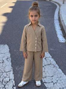 Hapijoa Asymmetric Lapel Design Shirt Casual Set + Straight Leg Pants Young Girls Shirt Set Fall - Khaki - View 5