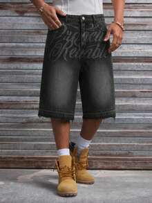 AXEPEAK Men's Washed Denim Shorts With Embroidered Floral Design, Fashionable - Black - View 3