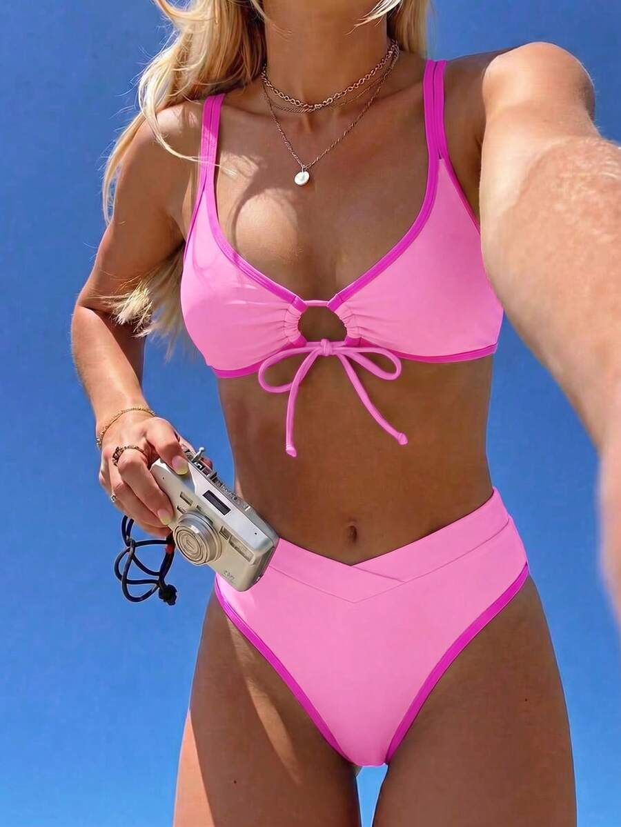 SHEIN Swim Women Sexy Halter Lace Up Two Pieces Bikini Set With Color Block Design And Cutouts For Beach Vacation,Summer Beach - Multicolor - View 1