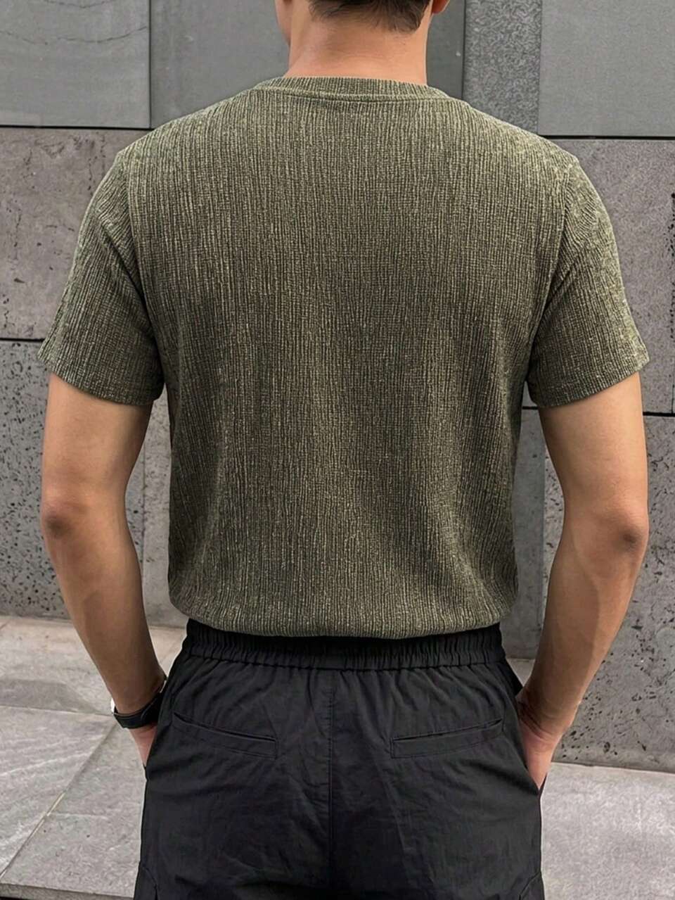 Summer Short Sleeve Green Ribbed Stretch Fabric Men's T-Shirt