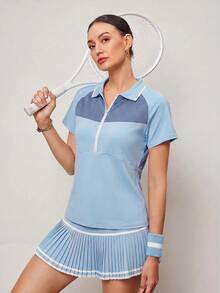 Activina Women's Contrast Color Lapel Short Sleeve Sports Polo Shirt Suitable For Sports And Fitness - Baby Blue - View 1