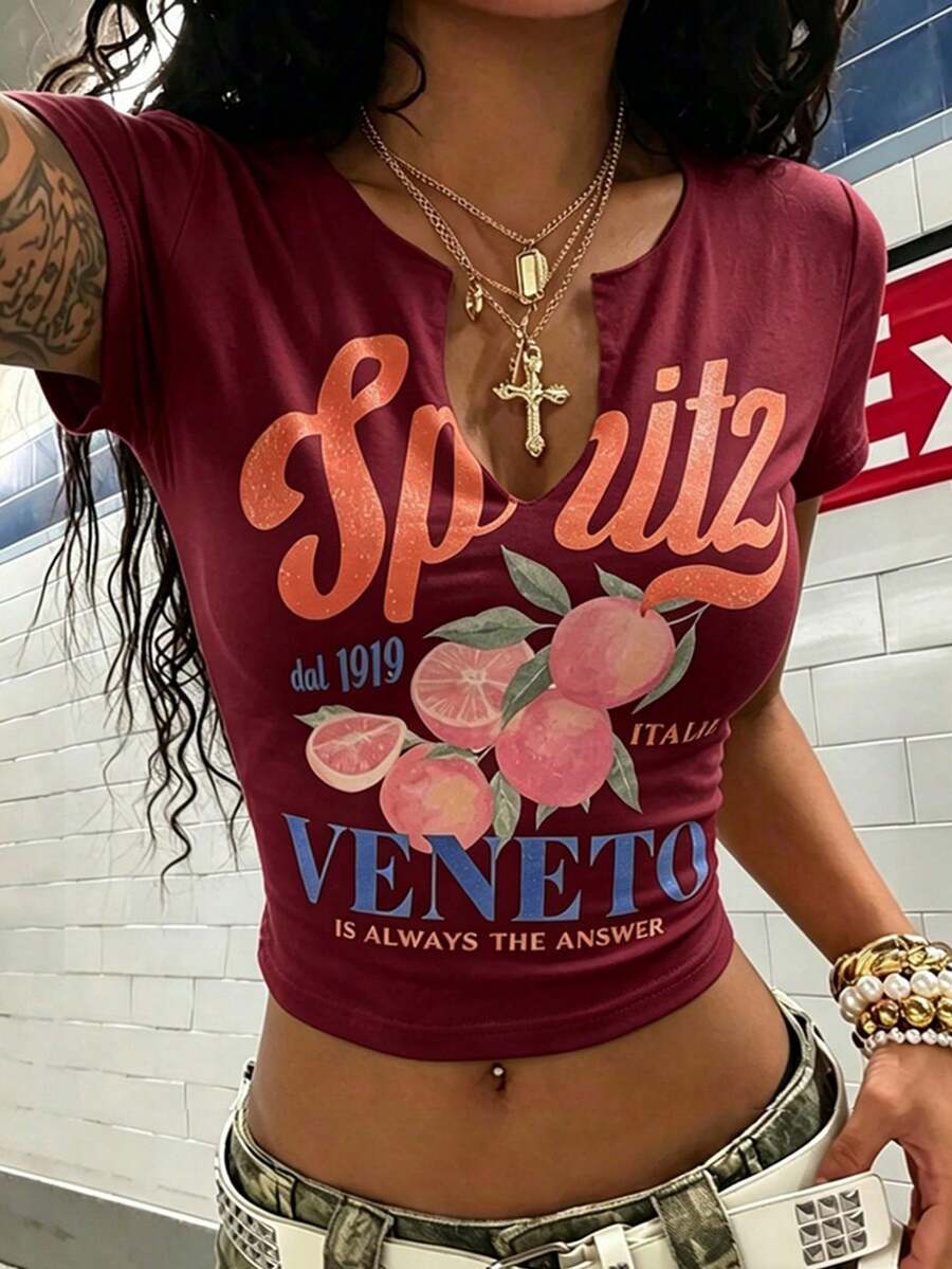 StreetHx 女士夏季露脐短款T恤，鸡尾酒水果橙黄色Y2K露脐V领镂空婴儿T恤 - 酒紅色 - 查看 1