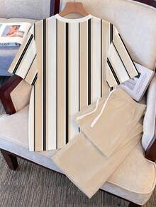Manfinity Hypemode Men's Casual Striped Pajama Set, 2-Piece Set, Suitable For Home - Khaki - View 2