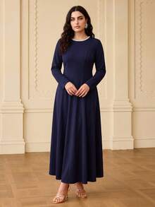 ZEYLAH Elegant Round Neck Pearl Decor Long Sleeve Fit & Flare Dress, Spring/Summer Fall - Navy Blue - View 4