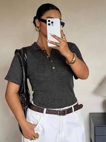 Dazy Plus Solid Color Stretch Slim Fit Sexy Blogger Casual POLO Collar Half-Open Placket Short Sleeve Plus Size Women Spring Summer Dark Grey T-Shirt - Dark Grey - View 1